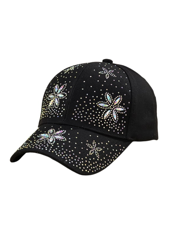FUNUONY Summer Baseball Cap for Women Floral Rhinestone Bling Crystal Flower Studded Adjustable Breathable Sun Hat,All Season UV Protection Trucker Visor Cap for Trips Holiday Vacation Black One Size