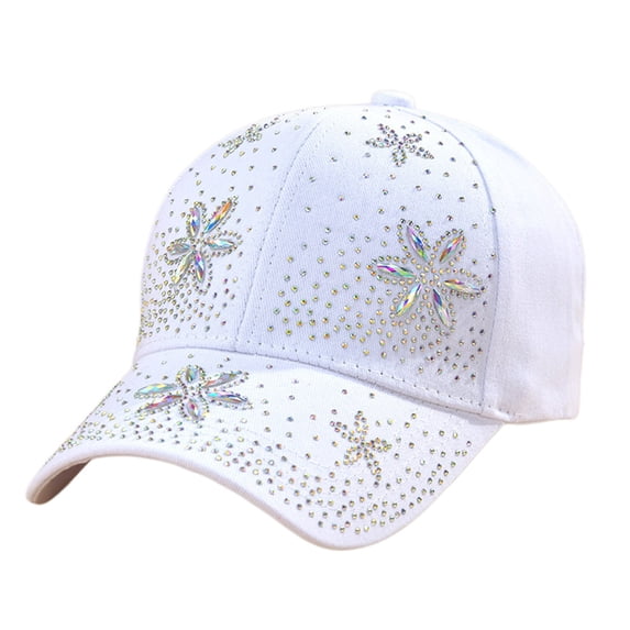 FUNUONY Summer Baseball Cap for Women Floral Rhinestone Bling Crystal Flower Studded Adjustable Breathable Sun Hat,All Season UV Protection Trucker Visor Cap for Trips Holiday Vacation White One Size