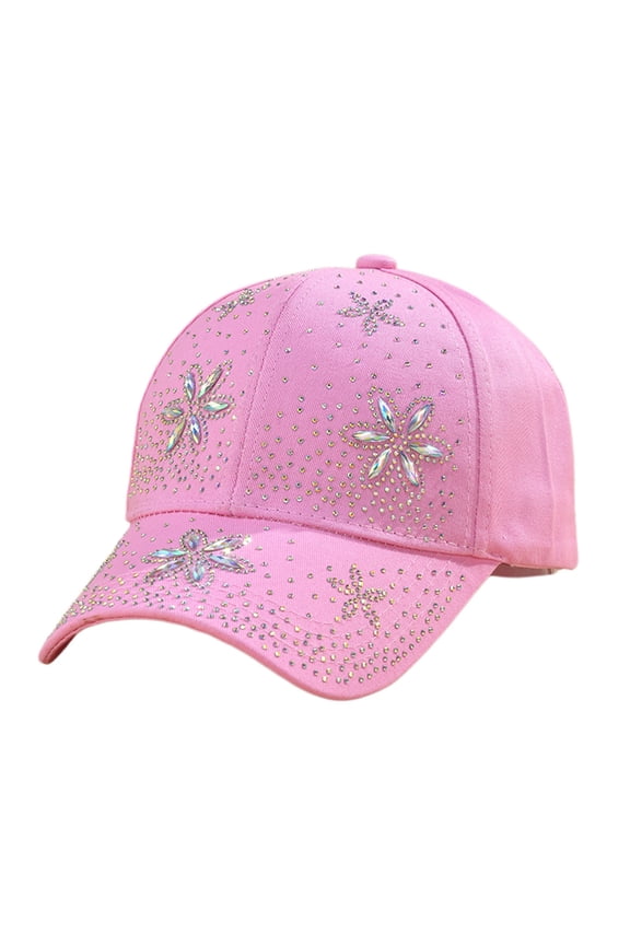 FUNUONY Summer Baseball Cap for Women Floral Rhinestone Bling Crystal Flower Studded Adjustable Breathable Sun Hat,All Season UV Protection Trucker Visor Cap for Trips Holiday Vacation Pink One Size