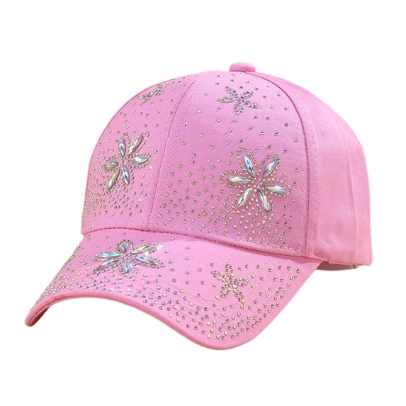 FUNUONY Summer Baseball Cap for Women Floral Rhinestone Bling Crystal Flower Studded Adjustable Breathable Sun Hat,All Season UV Protection Trucker Visor Cap for Trips Holiday Vacation Pink One Size