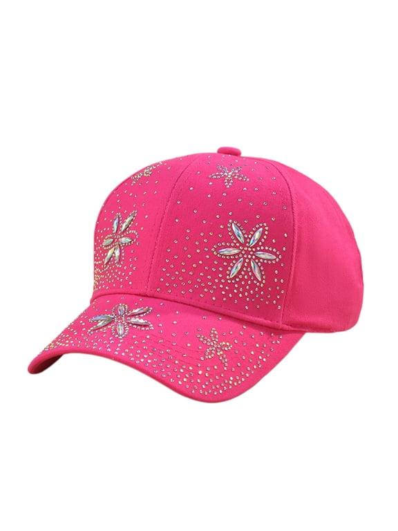 FUNUONY Summer Baseball Cap for Women Floral Rhinestone Bling Crystal Flower Studded Adjustable Breathable Sun Hat,UV Protection Trucker Visor Cap for Trips Holiday Vacation Hot Pink One Size