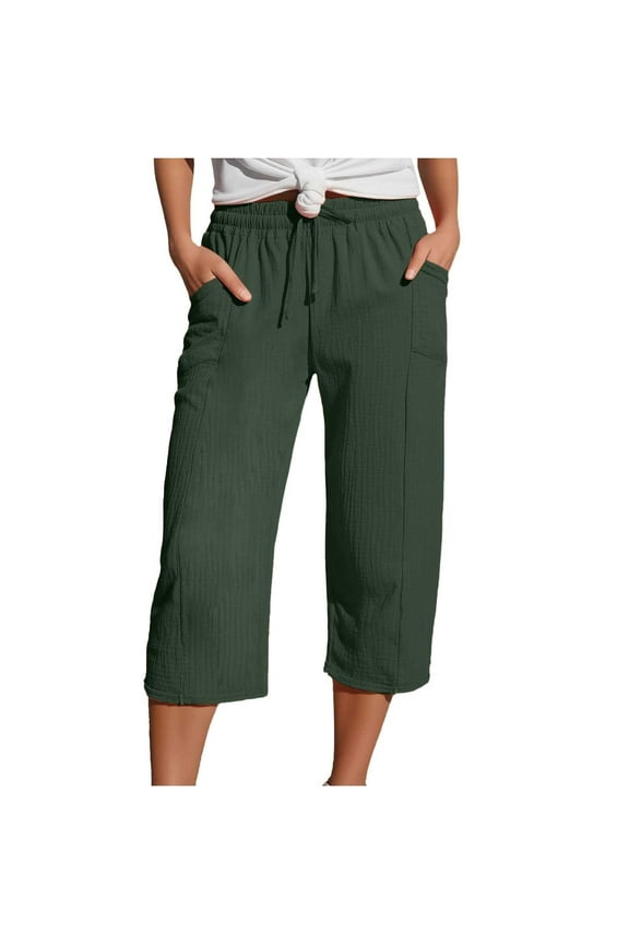 Summer Capri Pants for Women Cotton Linen Pants Straight Leg Vacation Beach Crop Pant with Pockets Cropped Palazzo Trousers Beach Summer Casual Pants Linen Trousers Women's Summer 3/4 Muslin