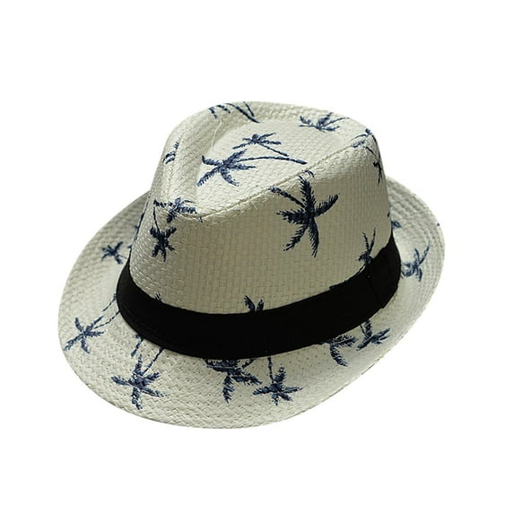 FUNUONY Summer Straw Hat for Men Women Panama Fedora Classic Beach Sun Hat Short Brim with Uv Protection Straw Hats Hawaii Vocation Beach Cap Beach Wind Travel Tree Printing Jazz Hat Sun Hat White