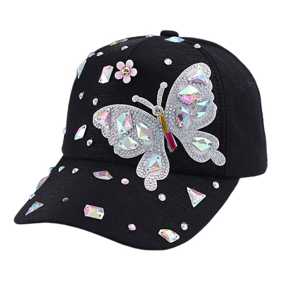 FUNUONY Sun Hat for Women Summer Y2K Bling Rhinestone Crystal Butterfly Sequin Duckbill Hat,Breathable blended fabric Adjustable Trucker Sun Visor Cap,Daily Sports Casual Baseball Cap Black One Size