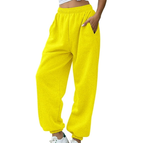 FUNUONY Sweatpants for Women Baggy High Waisted Casual Pajama Pants Jogger Fleece Bottoms Spring Outfits for Women 2025 Sweatpants Petite Length Pockets Workout Athletic Joggers Waist Yellow 3Xl
