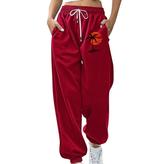 FUNUONY Sweatpants Women Baggy Lounge Pants Workout Gym Active High Waisted Comfy Joggers for Women Fall Clothes 2025 Baggy Sweatpants Elastic Print Workout Athletic Joggers Loose Trousers Wine Xl