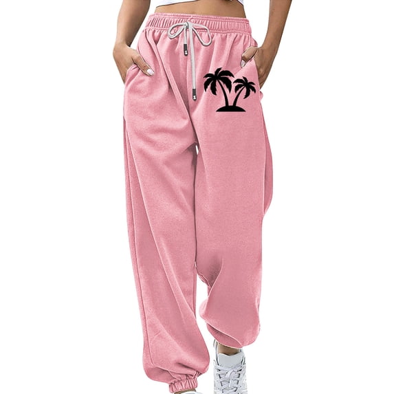 FUNUONY Sweatpants Women Baggy Lounge Pants Workout Gym Active High Waisted Comfy Joggers for Women Fall Clothes 2025 Baggy Sweatpants Elastic Print Workout Athletic Joggers Loose Trousers Pink M