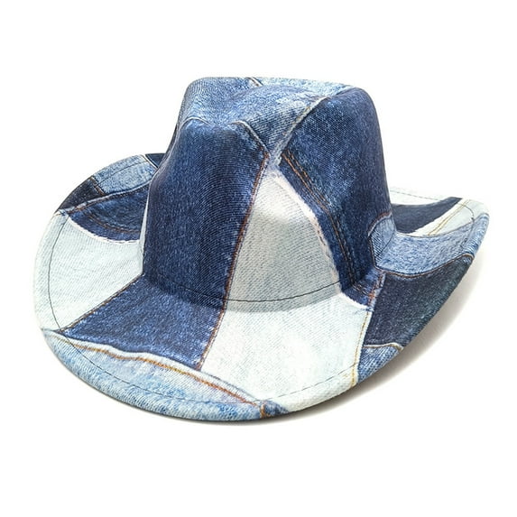 FUNUONY Tie Dye Denim Patchwork Cowboy Hat for Women Men Western Wide Brim Party Hat Cowboy Hat for Women Western Cowgirl Hats Women Blue Felt Wide Brim Cosplay Cowboy Hat Western Cowboy Hat for Wome