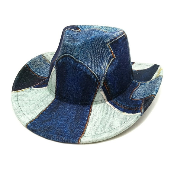 FUNUONY Tie Dye Denim Patchwork Cowboy Hat for Women Men Western Wide Brim Party Hat Cowboy Hat for Women Western Cowgirl Hats Women Blue Felt Wide Brim Cosplay Cowboy Hat Western Cowboy Hat for Wome