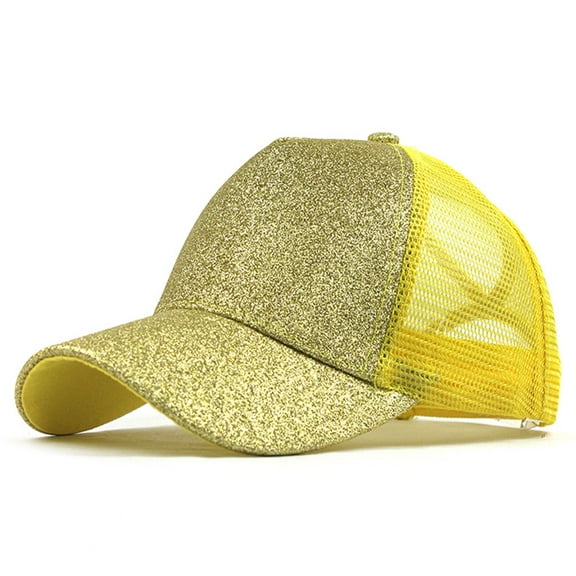 FUNUONY Trucker Hat Baseball Cap Snapback Fitted Hats for Men Women Snap Closure Design Breathable Mesh Side Durable Trucker Ponytail Hat Messy Buns Glitter Plain Cap Univisor Caps Yellow One Size