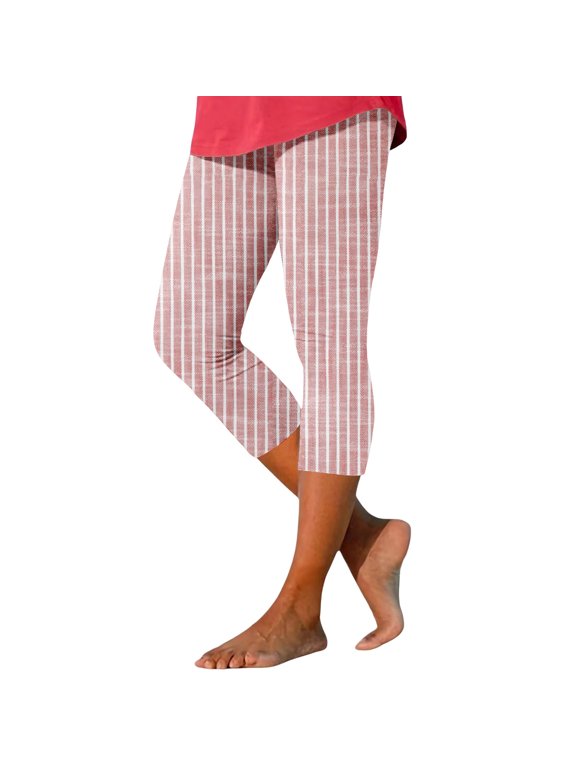 Tummy Control Workout Capris Leggings High Waist Athletic Yoga Pants for Women Running Hiking High Waisted Knee Length Striped Printed Sports Leggings for Women's Gym Features: Red L