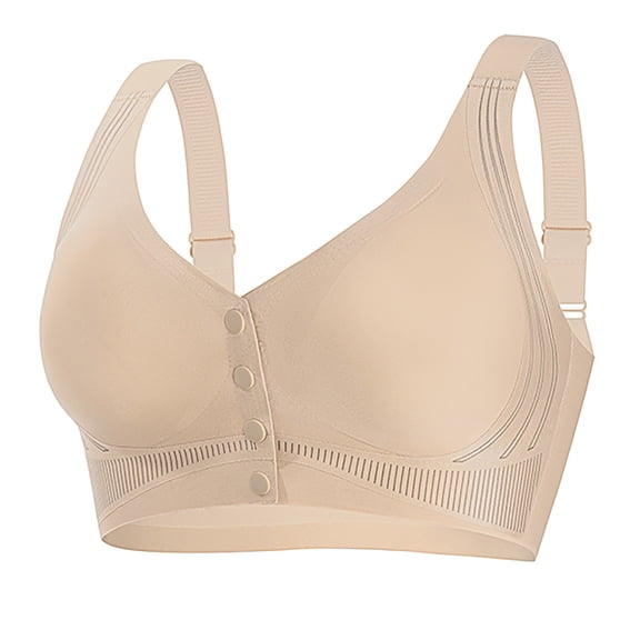 FUNUONY V Neck Front Closure Bras for Women Wireless Full Coverage Mastectomy Bralettes Comfortable Seamless Everyday Bra Front Button Underwear Non Running Cup Non Underwire Large Size Bra Coffee L