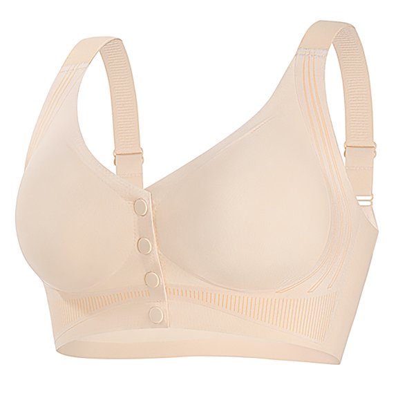 FUNUONY V Neck Front Closure Bras for Women Wireless Full Coverage Mastectomy Bralettes Comfortable Seamless Everyday Bra Front Button Underwear Non Running Cup Non Underwire Large Size Bra Beige Xxl