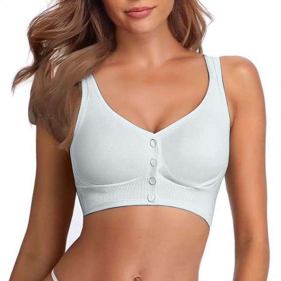 FUNUONY V Neck Front Closure Bras for Women Wireless Full Coverage Mastectomy Bralettes Comfortable Seamless Everyday Bra Front Button Underwear Non Running Cup Large Size Bra Light Blue Xxl