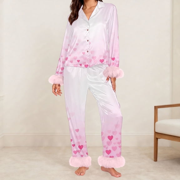 FUNUONY Valentine's Day Silk Pajamas for Women 2 Pcs Cute Heart Print Satin Pajama Set Feather Trim Long Sleeve Button Up Striped Pj Lounge Sets,Patchwork Sleep Lounge Set