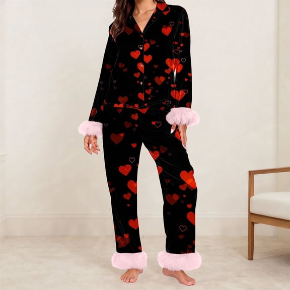 FUNUONY Valentines Pajamas for Women Silk Satin Pj Set Feather Trim Long Sleeve Shirt and Pant Heart Print 2 Piece Sleepwear,Button Down Nightwear Soft Pj Fall Sleepwear Cute Loungewear