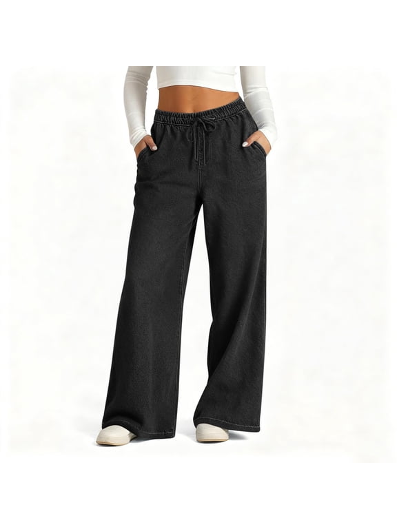 Wide Leg Jeans for Women Loose Denim Wide Leg Pull-On Pants,Elastic Drawstring High Waist Stretchy Baggy Imitation Jean Trousers With Pockets,Casual Slacks Y2K Denim Trousers Black XXL