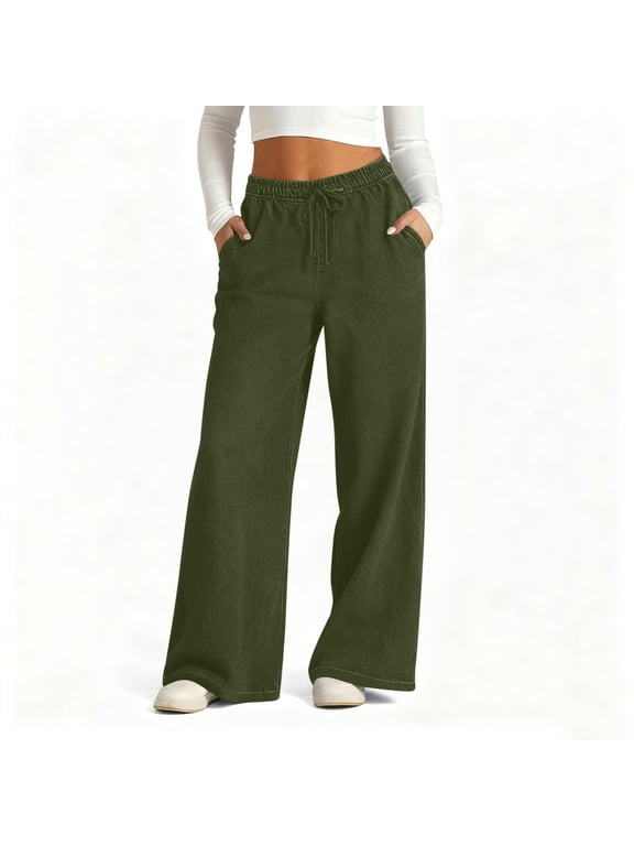 Wide Leg Jeans for Women Loose Denim Wide Leg Pull-On Pants,Elastic Drawstring High Waist Stretchy Baggy Imitation Jean Trousers With Pockets,Casual Slacks Y2K Denim Trousers Army Green M