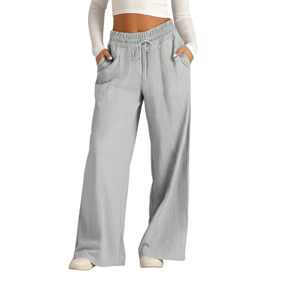 FUNUONY Wide Leg Linen Pants Women Summer Loose Beach Pants for Women Vacation Lightweight Straight Leg Trousers with Pockets Grey S-5XL