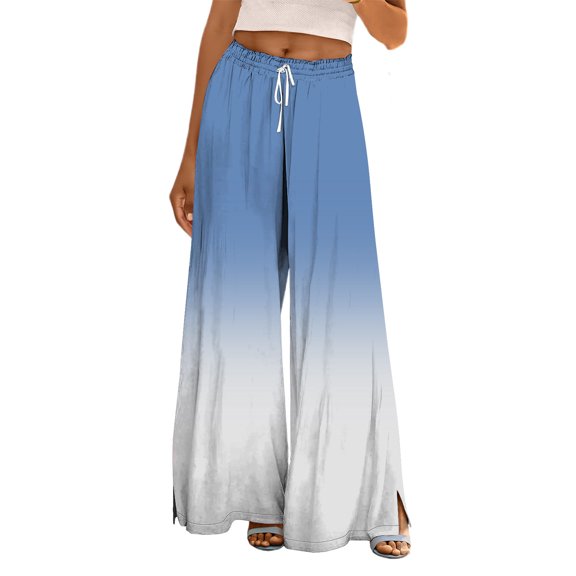 FUNUONY Wide Leg Pants Woman Flowy Palazzo Pants for Women High Waisted Summer Casual Gradient Trousers Fall Outfits 2025 2025 Summer Beach Culottes Casual Trousers for Vacation Light Blue L