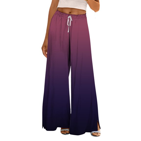 FUNUONY Wide Leg Pants Woman Flowy Palazzo Pants for Women High Waisted Summer Casual Gradient Trousers Fall Outfits 2025 2025 Summer Beach Culottes Casual Trousers for Vacation Purple Xl