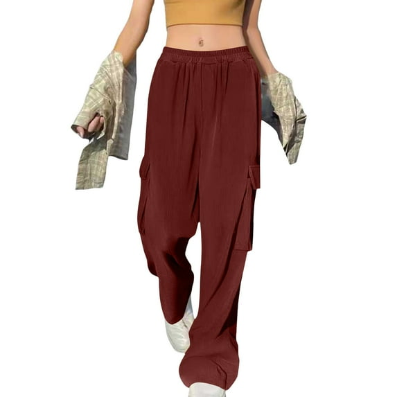 FUNUONY Wide Leg Pants Woman High Waisted Dress Work Pants Women Business Casual Trousers Slacks with Pockets Straight Tube Loose Temperament Corduroy Overalls Elastic Waist Pants Coffee S