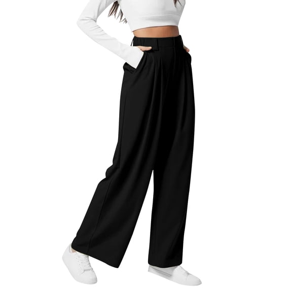FUNUONY Wide Leg Pants Woman Pull On Stretchy Work Dress Pants High Waisted Business Casual Trousers Slacks Solid Color Straight Loose Yoga Pants Streetwear Stretchy Baggy Joggers Pants Black M