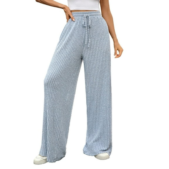FUNUONY Wide Leg Pants for Women High Waisted Palazzo Pants Work Casual Flowy Loose Trousers with Pockets Women's Solid Color Ribbed Brushed Elastic Waist Casual Pants Light Blue Xxl