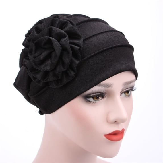 FUNUONY Women African Turban Flower Knot Headwrap Pre Tied Bonnet Beanie Cap Headwrap Hair Loss Wrap Headband Tie Women's Soft Monochrome Side Applique Flower Hijab Hat Muslim Baotou Hat Black