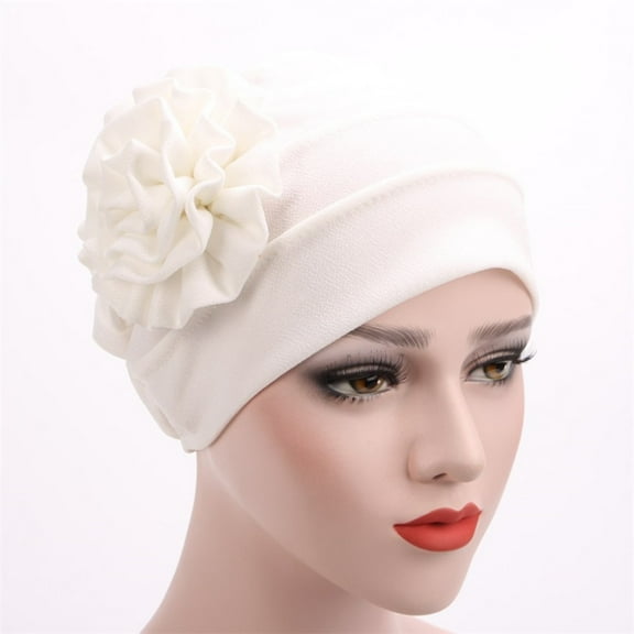 FUNUONY Women African Turban Flower Knot Headwrap Pre Tied Bonnet Beanie Cap Headwrap Hair Loss Wrap Headband Tie Women's Soft Monochrome Side Applique Flower Hijab Hat Muslim Baotou Hat White