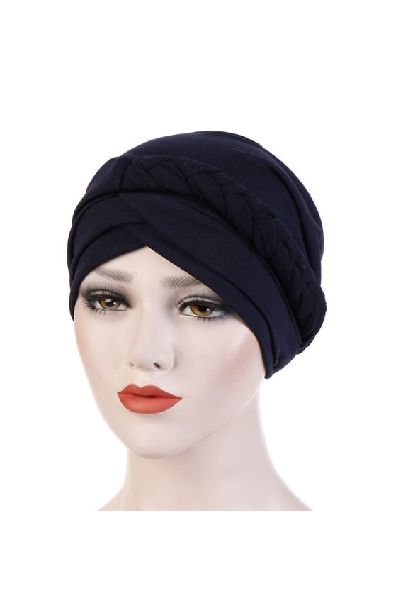 Women Headwrap Turban Chemo Cancer Headwear African Headwrap Hair Pre-Tied Turbans Fashion Head Covering Women Solid Plait Hat Muslim Cancer Turban Wrap Cap Navy One Size