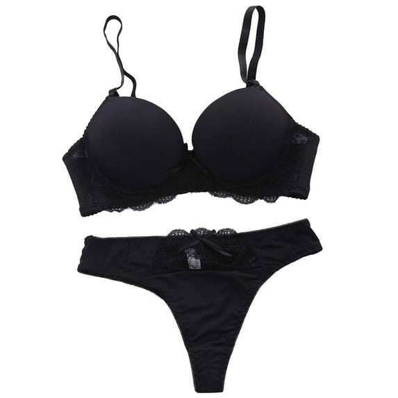 FUNUONY Women Lace Push Up Bras and Panty Set Nightwear Bra Padded Lace Ladies Push Up Women's Bras Set Underwear Plus Size Underwire Padded Bras Black 90B