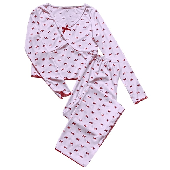 FUNUONY Women Pajama Sets Two-Piece Nightwear Sleepwear Pj Lounge Sets Women Autumn Bow Print Long Sleeved Trousers. Fit Top and Pants Set Purple Xl