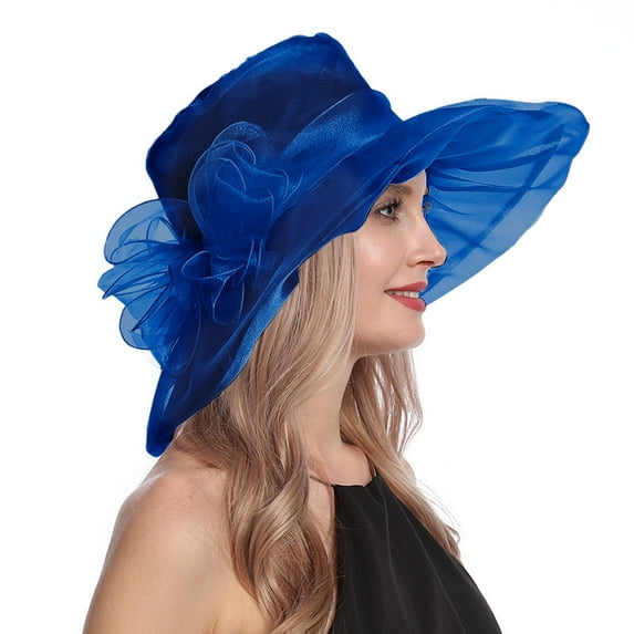 FUNUONY Women Party Church Derby Top Hats Organza Sun Visor Cap Ladies Flowers Fascinators Big Wide Brim Fedoras Kentucky Derby Hats for Women Women's Mesh Hat Holiday Brim Top Hat Blue One Size