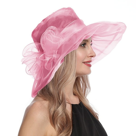 FUNUONY Women Party Church Derby Top Hats Organza Sun Visor Cap Ladies Flowers Fascinators Big Wide Brim Fedoras Kentucky Derby Hats for Women Women's Mesh Hat Holiday Brim Top Hat Pink One Size