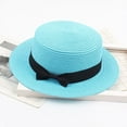 thumbnail image 1 of FUNUONY Women Straw Boater Hat Summer Beach Sun Sailor Bowler Cap Floppy Flat Top with Ribbon Hatband Solid Beach Sun Top Hat Summer Hat Ladies Women's Visor Sun Caps Sky Blue One Size, 1 of 2