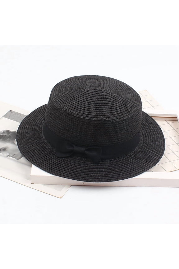 Women Straw Boater Hat Summer Beach Sun Sailor Bowler Cap Floppy Flat Top with Ribbon Hatband Solid Beach Sun Top Hat Summer Hat Ladies Women's Visor Sun Caps Black One Size