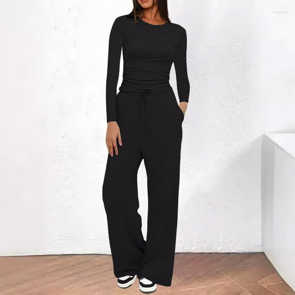 FUNUONY Women's 2 Piece Sets Fall Outfits Long Sleeve Wide Leg Tracksuits Casual Lounge Set Matching Sets Two Piece Sets Long Sleeve Crop Tops Matching Sets Travel Outfits Black L