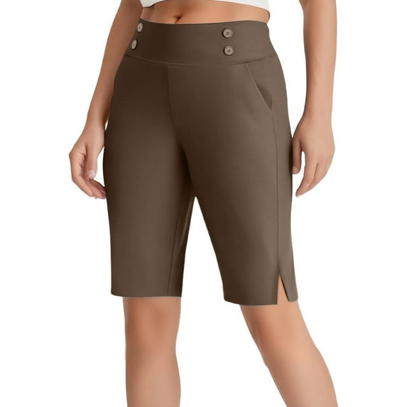 FUNUONY Women's Bermuda Long Shorts with Pockets High Waisted Stretch Knee Length Shorts for Women Summer Walking Pants High Waisted Crop Work Pants Summer Casual Slacks Yoga Dress Pant Coffee Xs