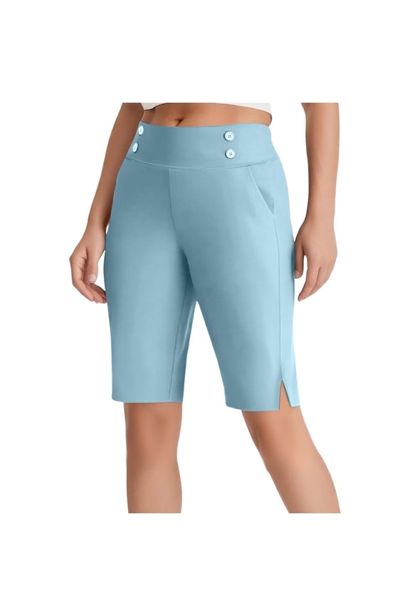 Women's Bermuda Long Shorts with Pockets High Waisted Stretch Knee Length Shorts for Women Summer Walking Pants High Waisted Crop Work Pants Summer Casual Slacks Yoga Dress Pant Sky Blue Xs
