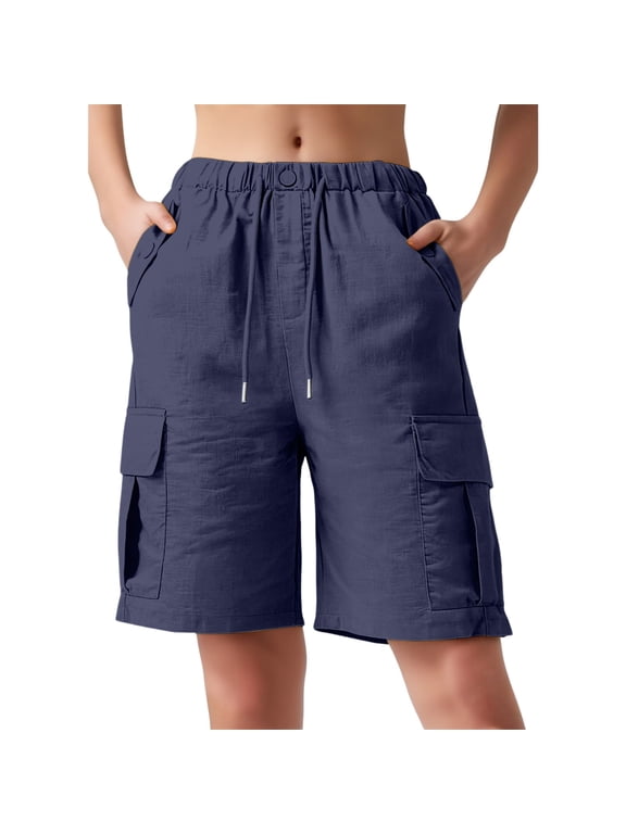 Women's Cargo Shorts Lightweight High Waisted Knee Length Bermuda Shorts with Pockets Linen Bermuda Shorts for Women-Drawstring Baggy Pull On Cargo Shorts Summer Plus Size Comfy Lounge Short