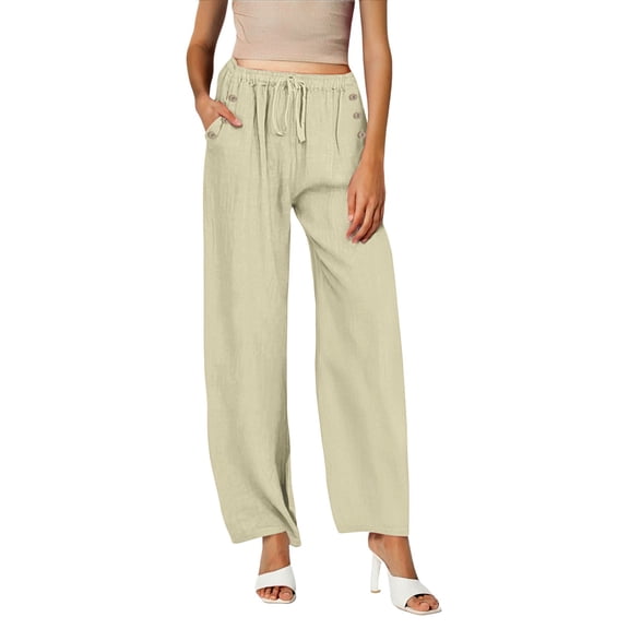 FUNUONY Women's Casual Wide Leg Elastic Waist Loose Lightweight Summer Linen Beach Pants Drawstring Spring Summer Fall Plus Size Loose Cotton and Linen Casual Pants Beige L