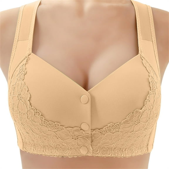 FUNUONY Women's Full Coverage Front Closure Posture Back Unpadded Wirefree Everyday Bra Thin Laceless Comfortable Underwear Large Size Brater Buckle Deep V Neck Vest Bralette Wireless Bra Beige Xxl