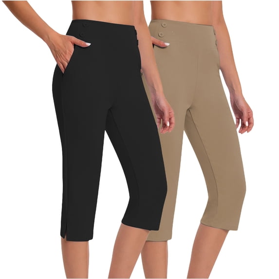 FUNUONY Women's High Waisted Capri Buttery Soft Tummy Control No See Through Workout Athletic Running Yoga Cycling Pants High Waisted Crop Work Pants Summer Casual Slacks Yoga Dress Pant Khaki L