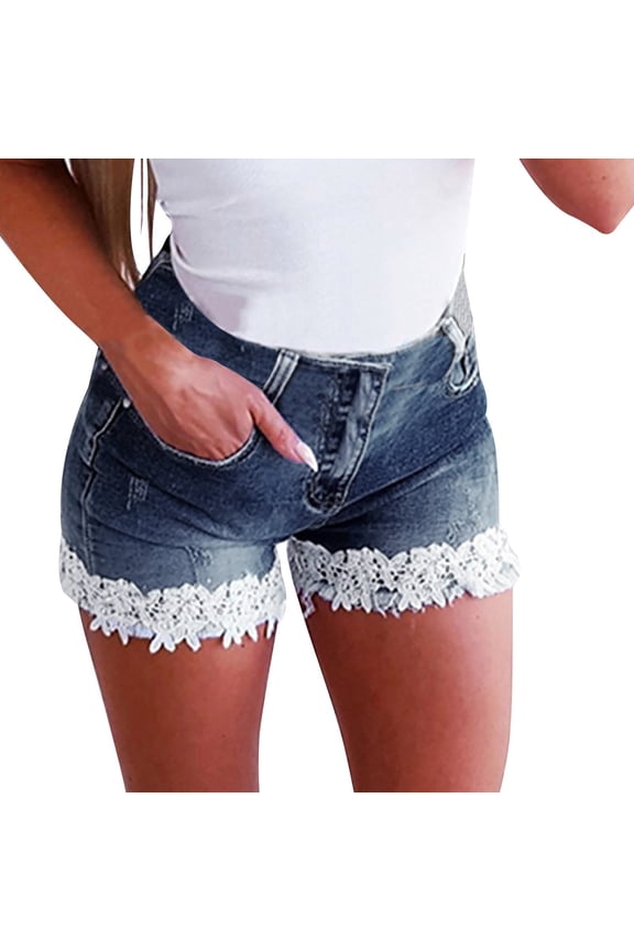 Women's Jean Shorts Lace Trim Summer Stretchy High Waisted Ripped Casual Beach Hot Short Denim Pants Denim Ripped Jean Shorts Womens Stretchy Womens Summer Denim Shorts Lace Trim Mid Stretchy