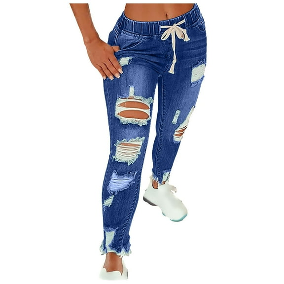FUNUONY Women's Jeans High Waist Skinny Stretch Ripped Jeans Boyfriend Denim Pants Slim Fit Destroyed Butt Lifting Jean Distressed Drawstring Waist Comfy Denim Pants Dark Blue L