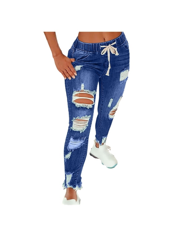 Women's Jeans High Waist Skinny Stretch Ripped Jeans Boyfriend Denim Pants Slim Fit Destroyed Butt Lifting Jean Distressed Drawstring Waist Comfy Denim Pants Dark Blue M