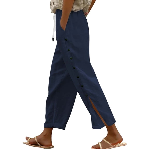 FUNUONY Women's Linen Cropped Pants Ankle Capris Straight Leg Trousers Fashion Solid Color Cotton Linen Elastic Seven Pants Beach Casual Pants Linen Navy Xxl