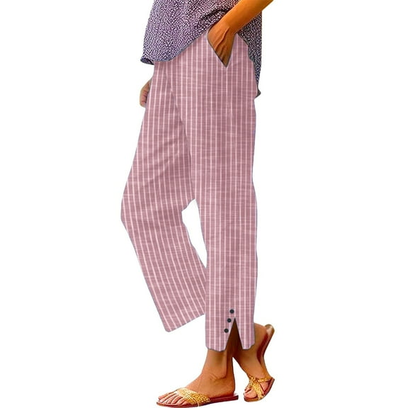 FUNUONY Women's Linen Cropped Pants Ankle Capris Straight Leg Trousers Fashionable Casual Buttons with Pockets Cotton and Linen Loose Trousers Cropped Trousers Striped Cotton and Linen Pants Red Xl