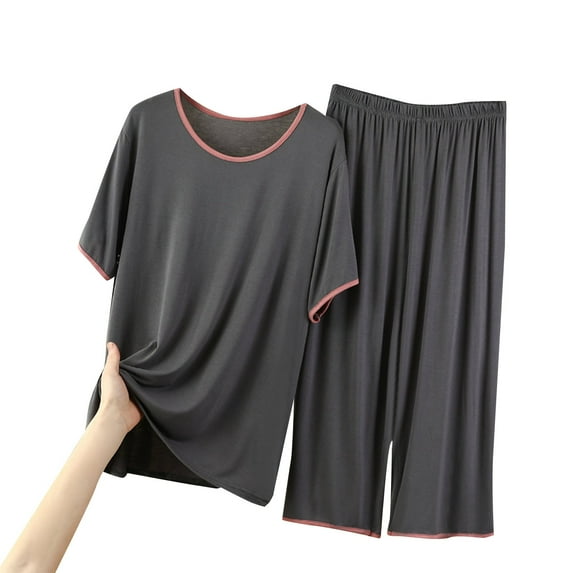 FUNUONY Women's Modal Pajamas Set Short Sleeve Top and Capri Pants Lightweight Sleepwear Comfy Pjs Lounge Set Round Neck Short Sleeved Home Wear Casual Pajama Set A L
